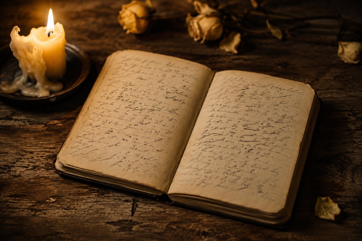 Een opengeslagen handgeschreven schrift op een houten tafel naast een kaarsstomp en gedroogde bloemen